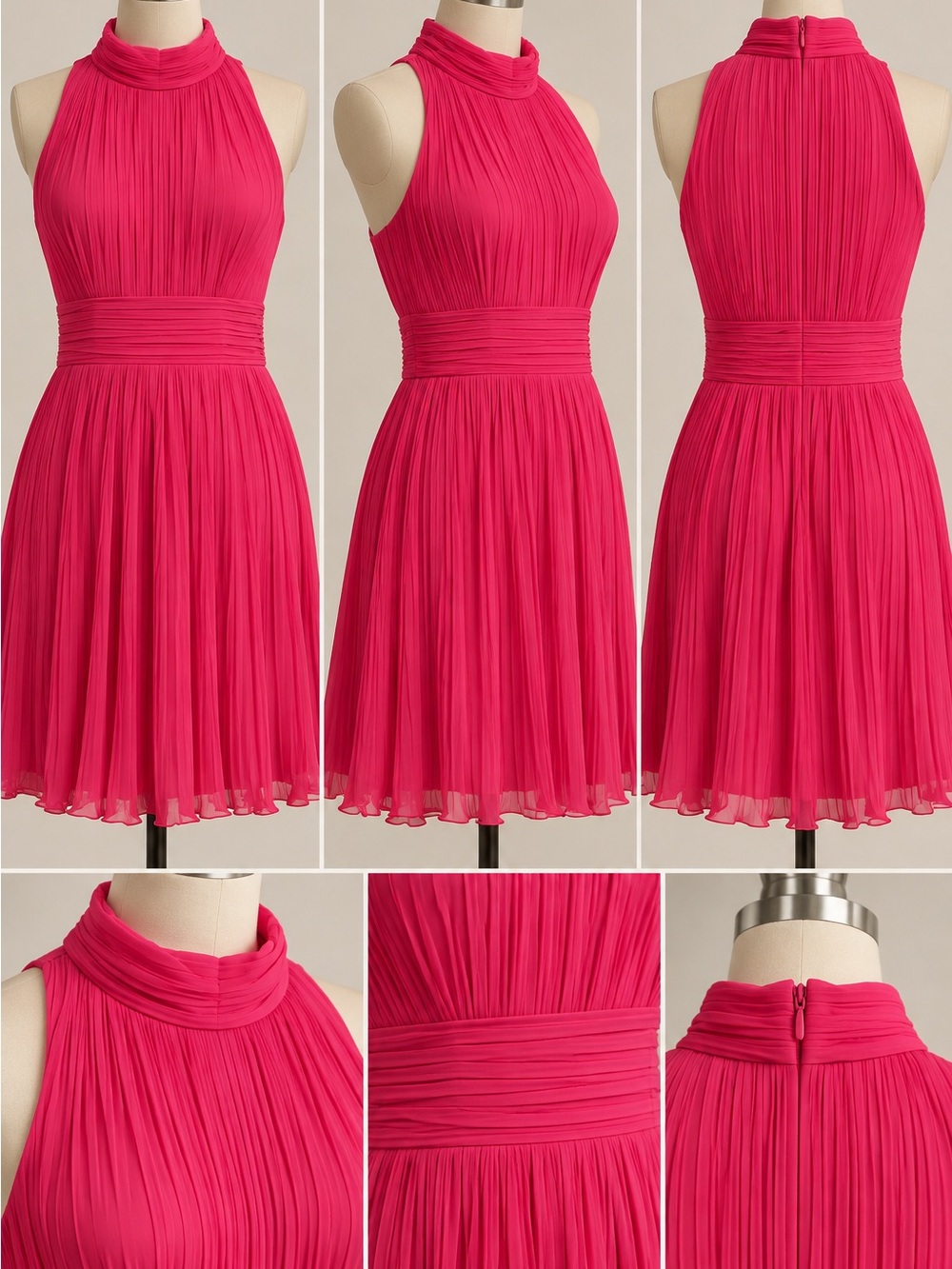 TCEC Hot Pink Pleated High-Neck Midi Dress